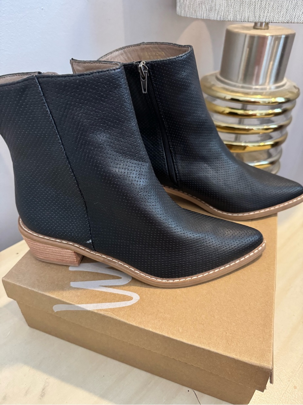 MIA Black Perforated Leather Ankle Booties with Low Stacked Heel